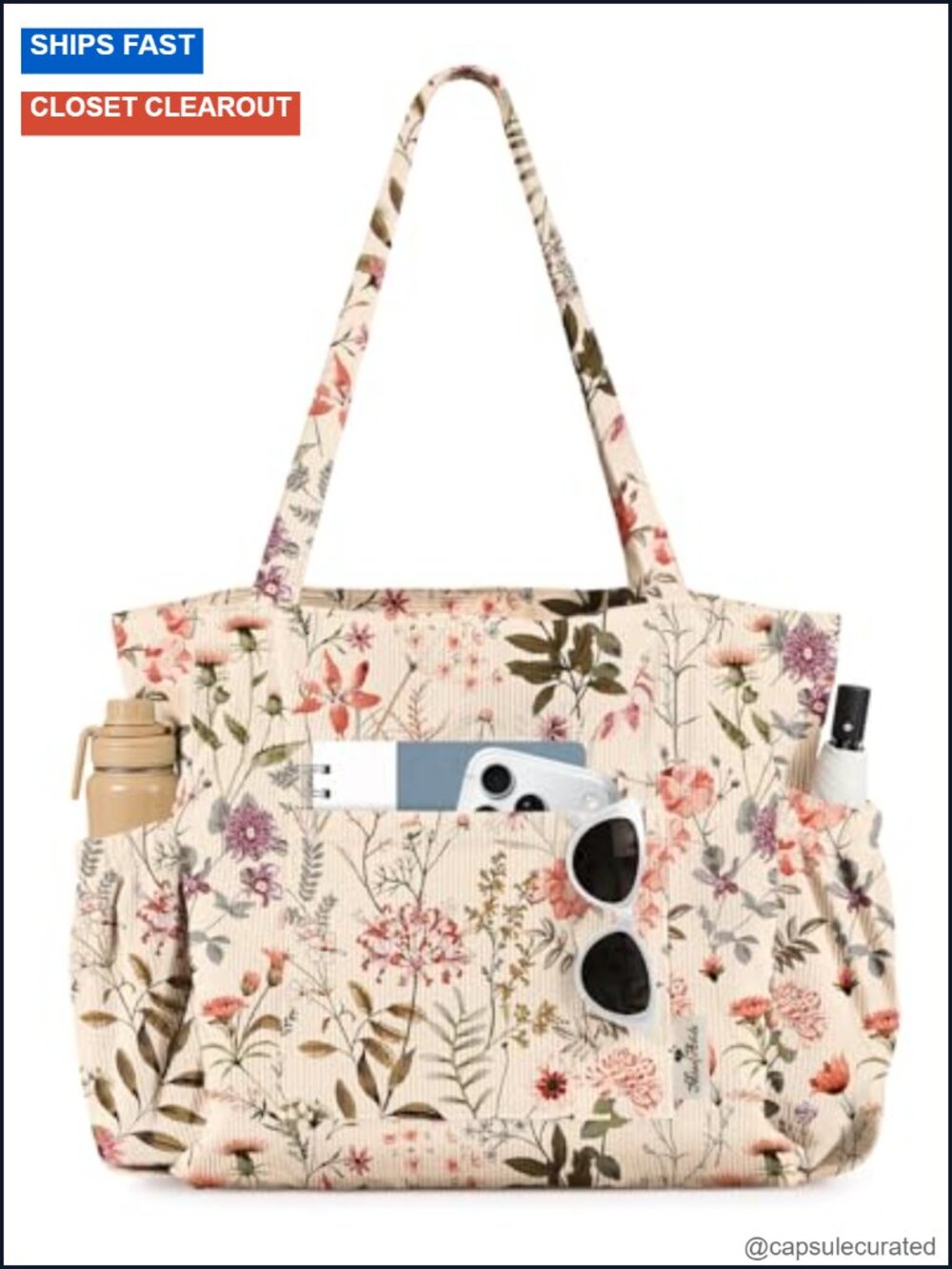 Corduroy Tote Bag Large Capacity Multi-Pocket Shoulder Bag with Zipper